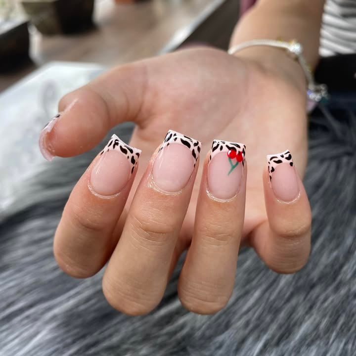 Leopard-print tips with a small cherry detail
